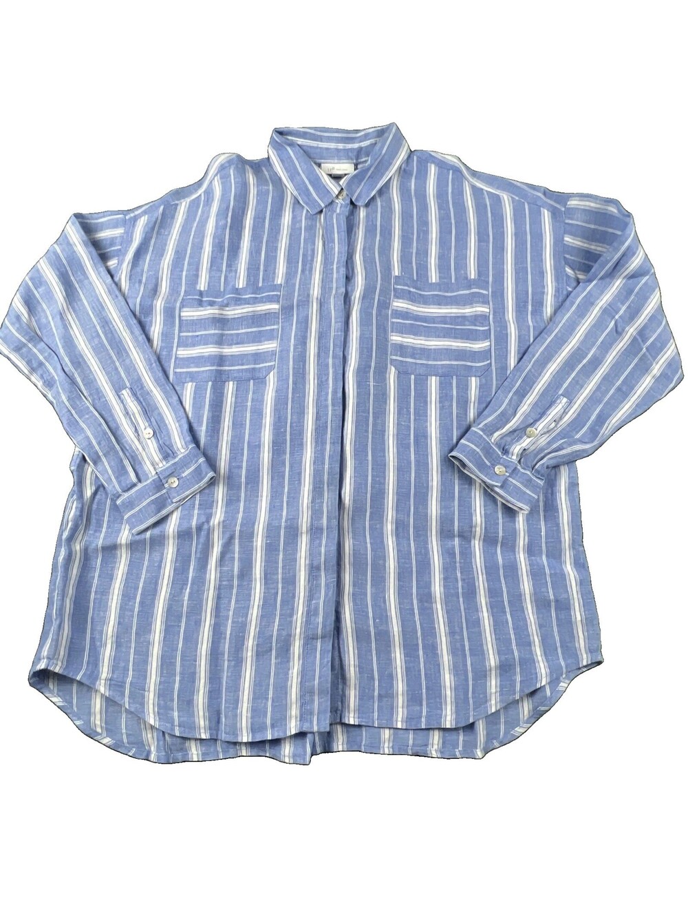 J Jill Love Linen Women M Petite Blue Stripe Relaxed  Patch-Pocket Tunic Top